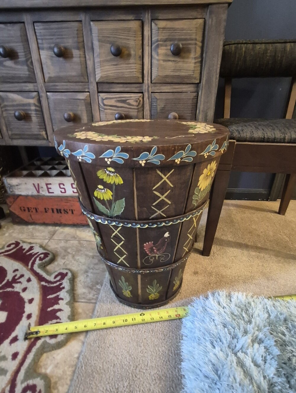 Hand-Painted Brown Floral Accent Hamper